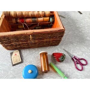 Vintage Woven Wicker Sewing Basket Orange Satin Lining with Thread and Notions